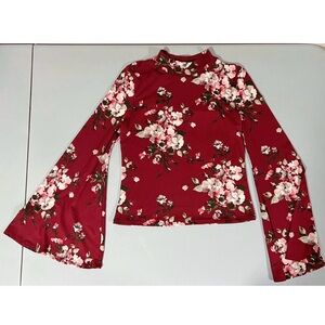 Brandy Blu Red Burgundy Floral Long Sleeve Turtleneck Top Shirt Blouse Size M 🌹✨